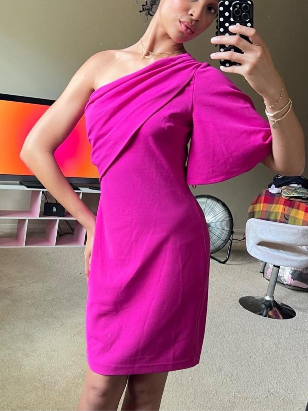 Pink one shoulder Grecian sleeve dress